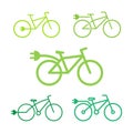 Electric bike icon set. Eco bicycle with plug collection. Flat line vector illustration